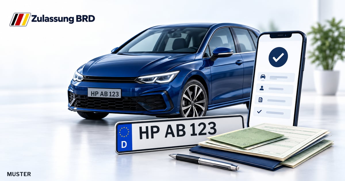Online Fahrzeugzulassung in Landkreis Bergstraße: Musterkennzeichen HP AB 123, Auto und Fahrzeugpapiere und Smartphone. Illustration mit Logo von Zulassung BRD.